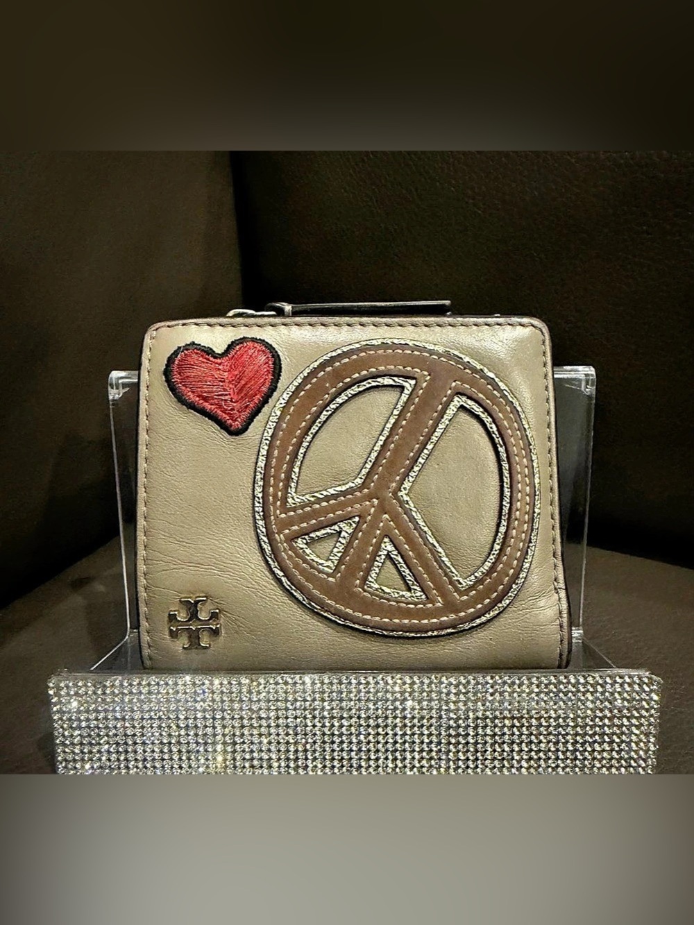 Tory Burch Peace Embellished Mini Wallet Beige & Brown
